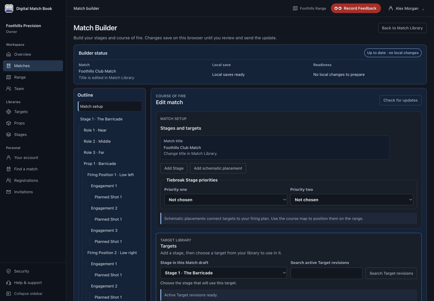 The authenticated web Match Builder with a sample match and editable stages.