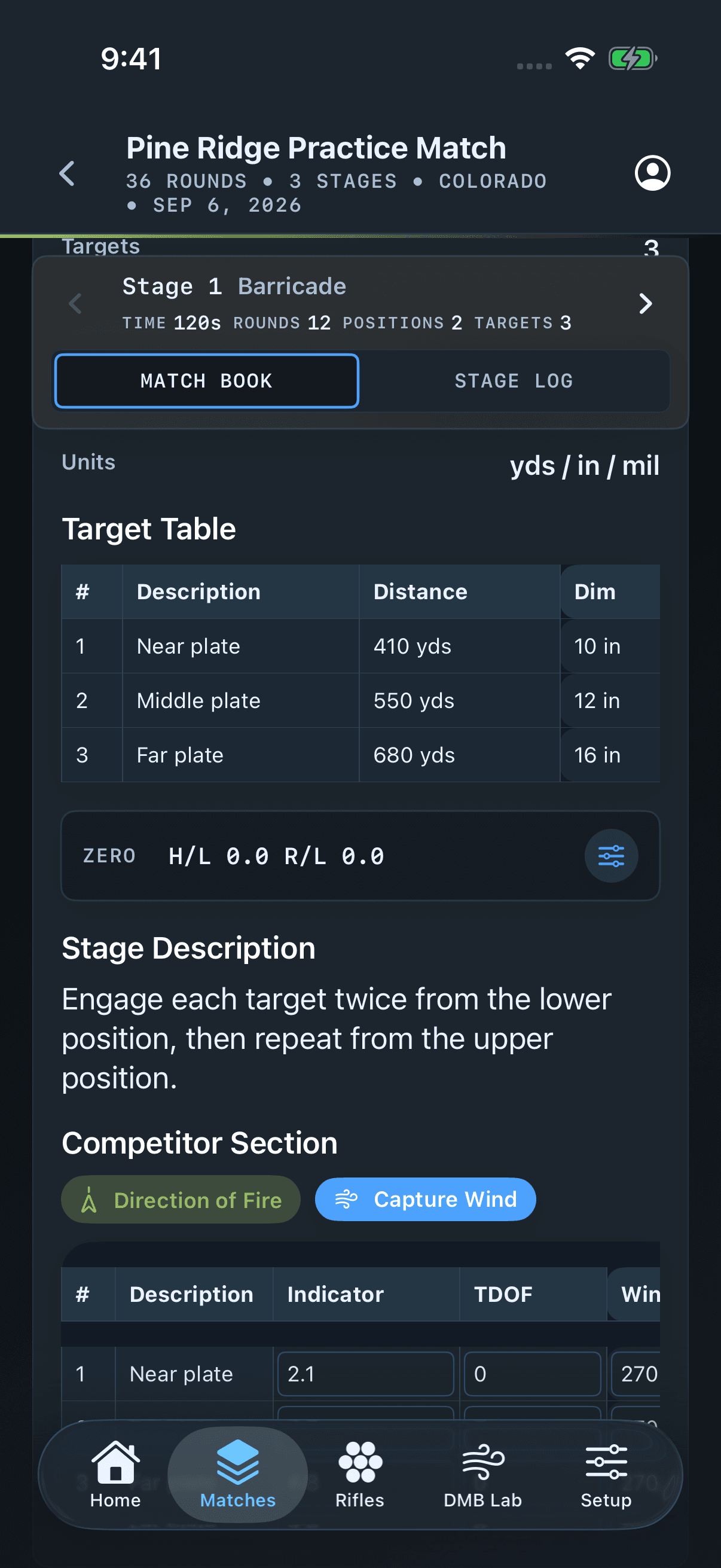 Digital Match Book on iPhone showing a stage, its targets, and the shooter's match preparation.