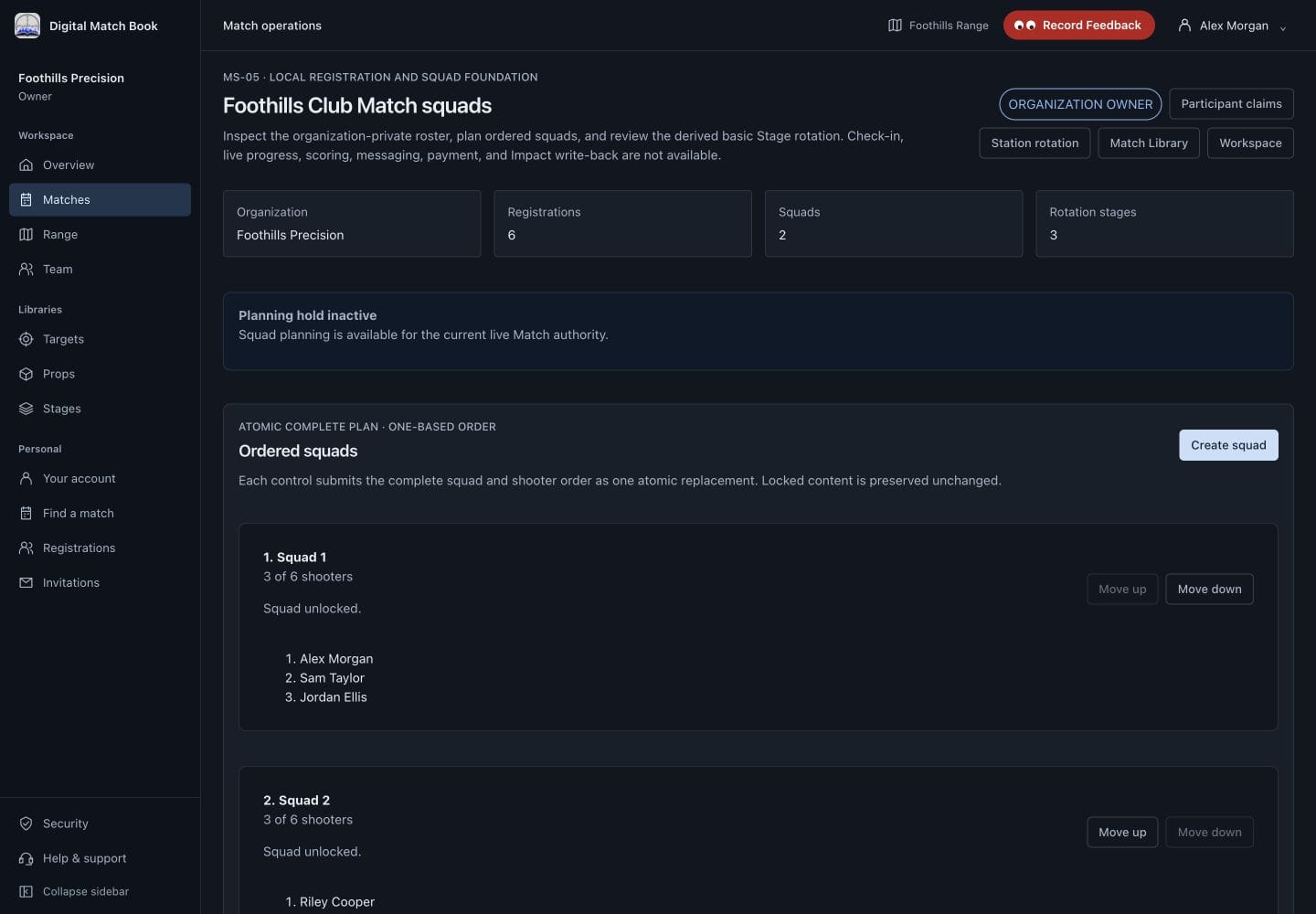 Web squad planning showing sample shooters and their squad order. Live match-day controls and official scoring are still in development.
