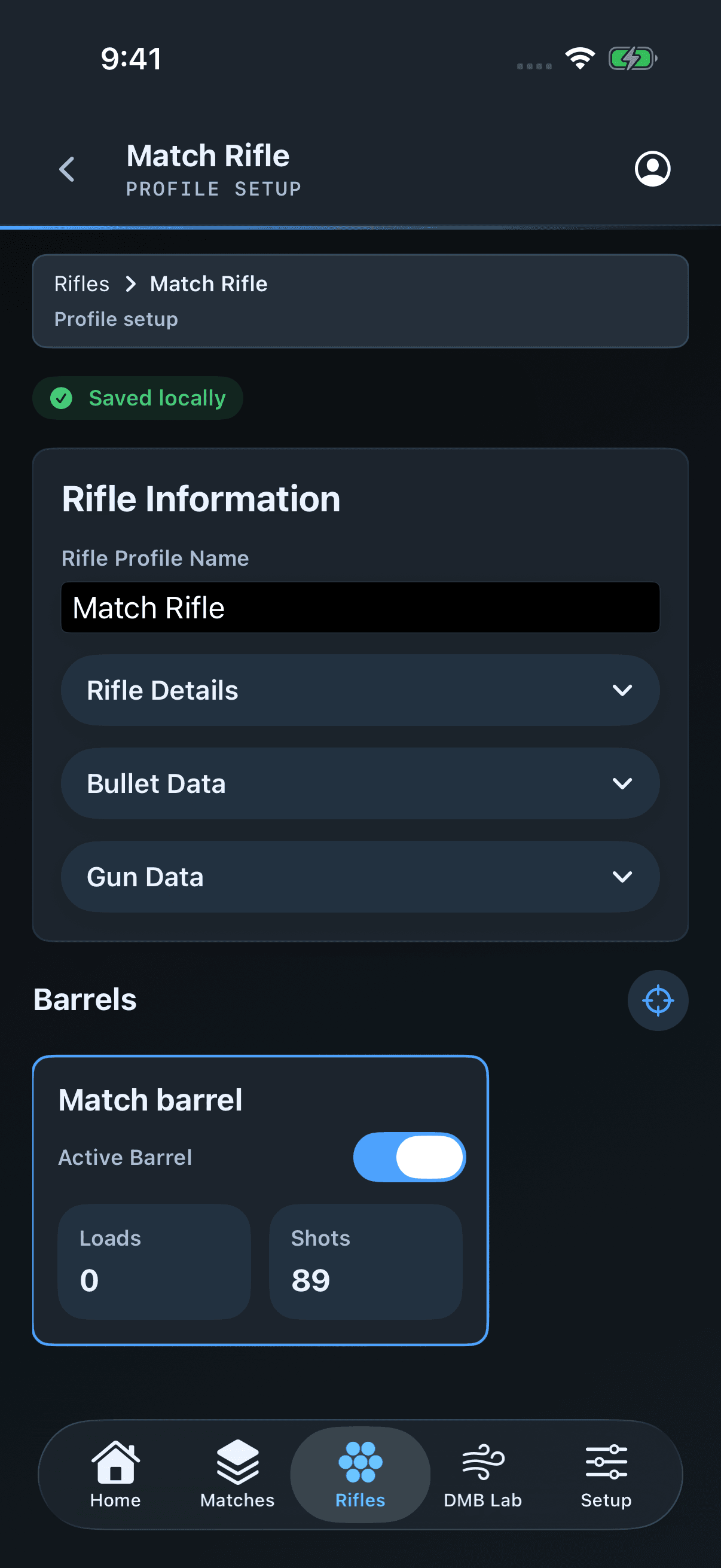 The iPhone rifle profile showing local save status, an active barrel, and its shot count.