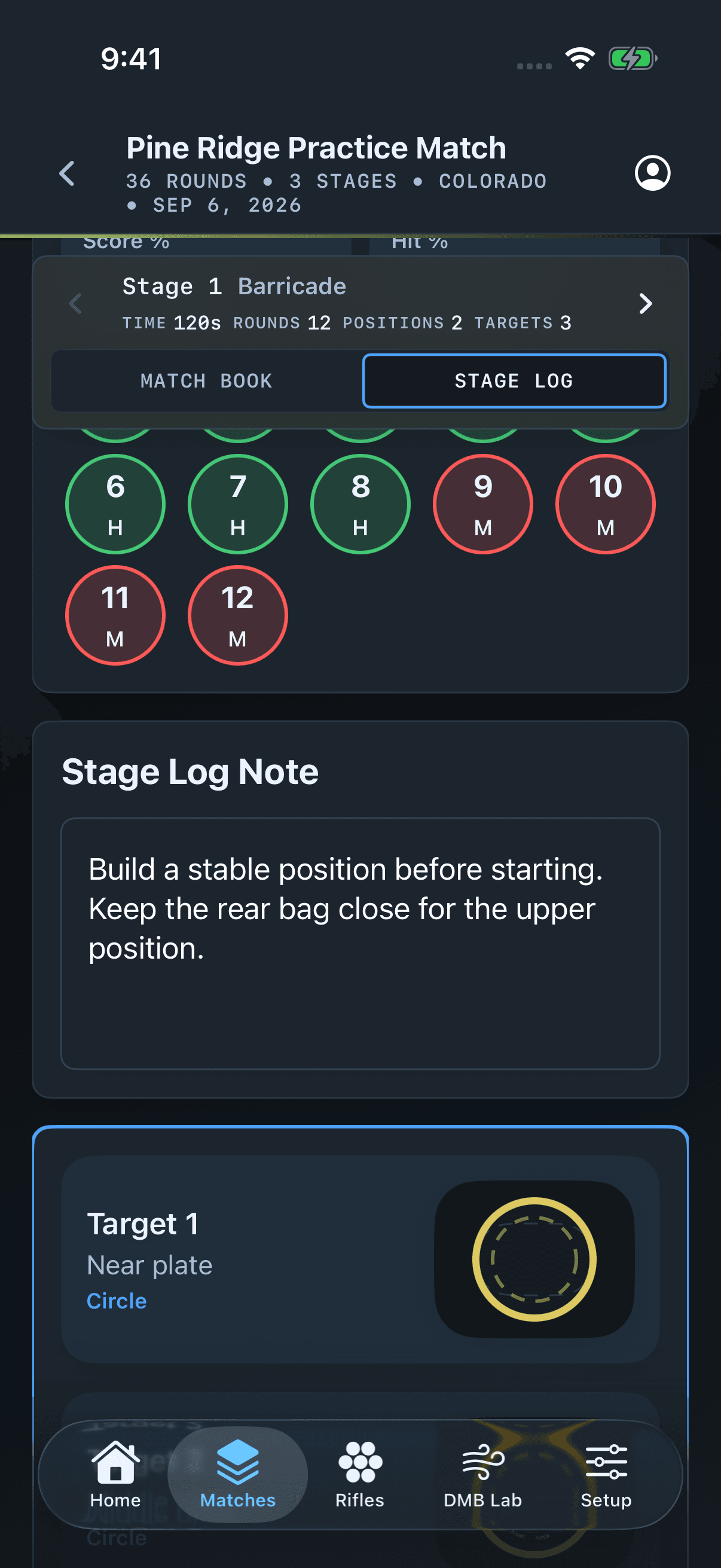 The iPhone Stage Log showing personal shot records and stage notes.