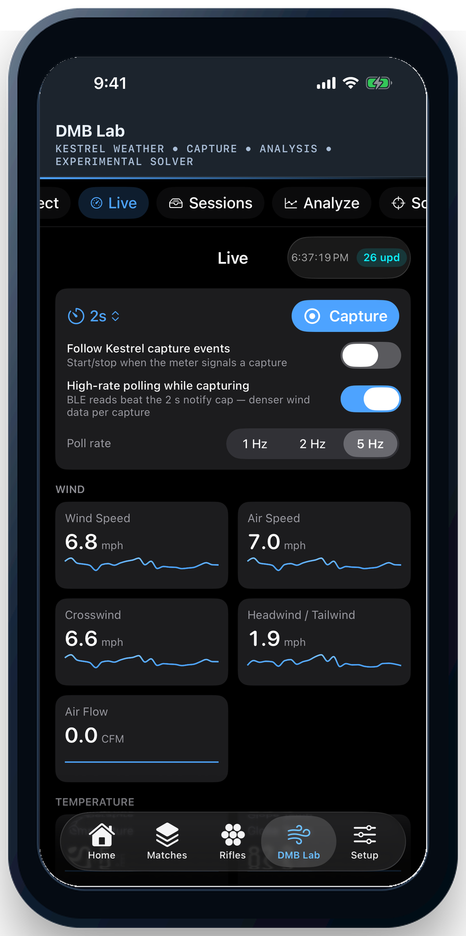 Digital Match Book 2.0 DMB Lab showing live Kestrel measurements and capture tools.