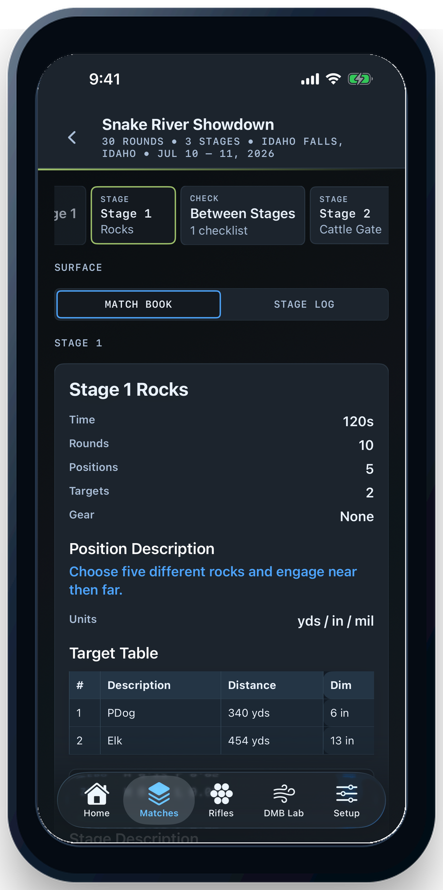 Digital Match Book 2.0 competitor Match Book view with stage details, target table, current zero, and wind planning.