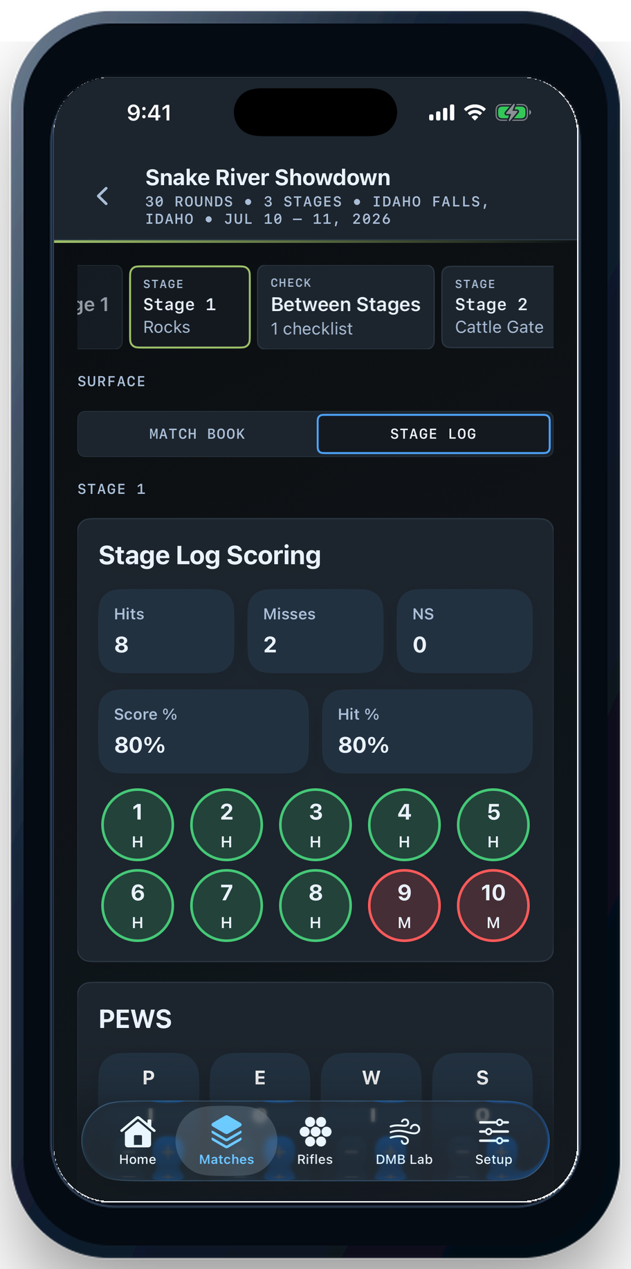 Digital Match Book 2.0 competitor Stage Log with self-scoring, PEWS, notes, and target impact tools.